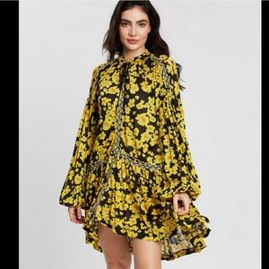 Free People Black Flowy Stretchy Tunic Boho Bohemian Mini Dress Yellow Floral